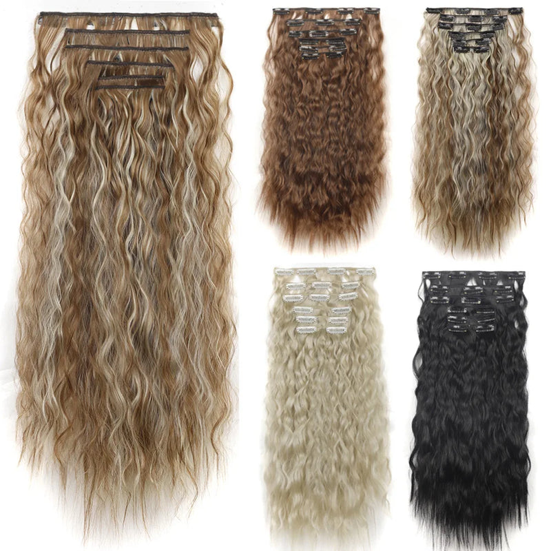 6-Piece Clip Type 16 Clip Synthetic 20Inch Water Wave gold Hair Extension Piece Long Mermaid Curly Synthetic Fiber Women's