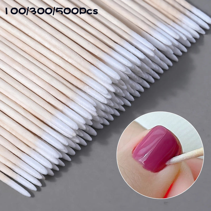 100/300/500Pcs Nails Wood Swab Cleaning Sticks Bud Tip Wooden Cotton Head Manicure Detail Corrector Nail Polish Remover 10cm